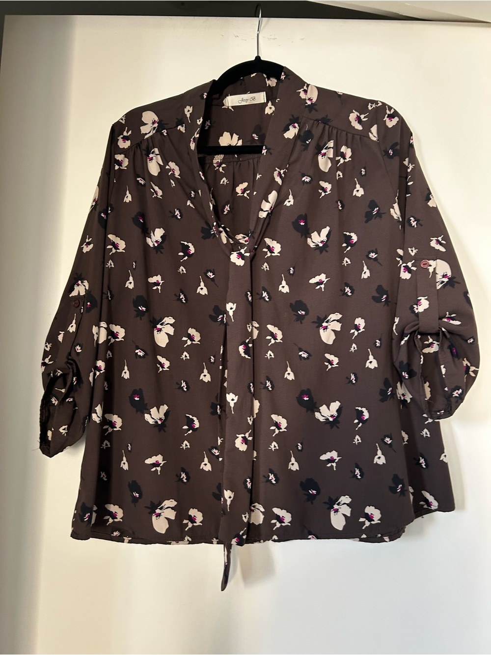 Modcloth Floral Print Taupe Women's Blouse - Sz M